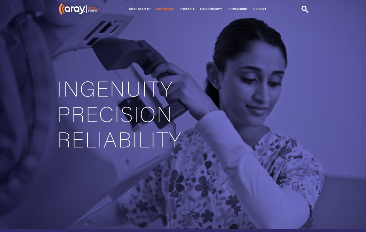 Aray Medical homepage hero — a radiologist operating imaging equipment beneath the words Ingenuity, Precision, Reliability