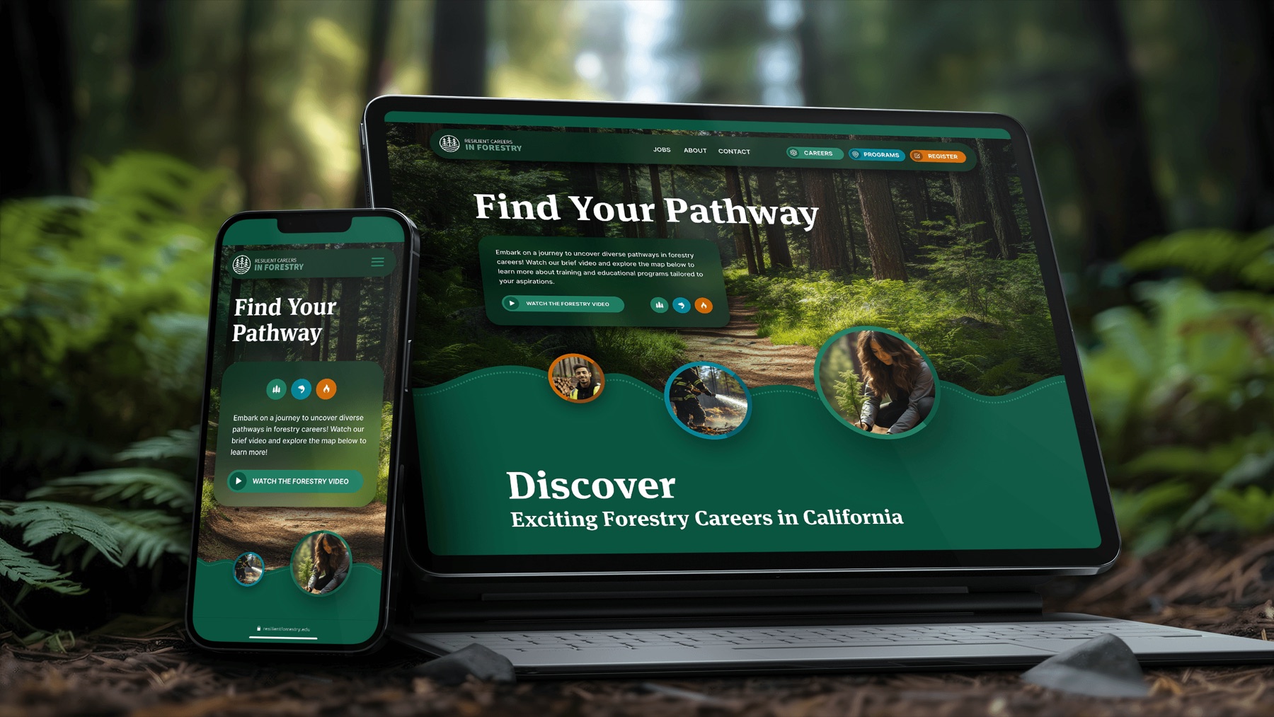 Resilient Careers in Forestry website shown across desktop and mobile devices in a forest setting