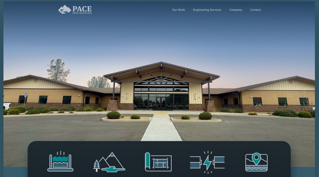 PACE Engineering homepage hero — the firm's headquarters building above a row of engineering service icons